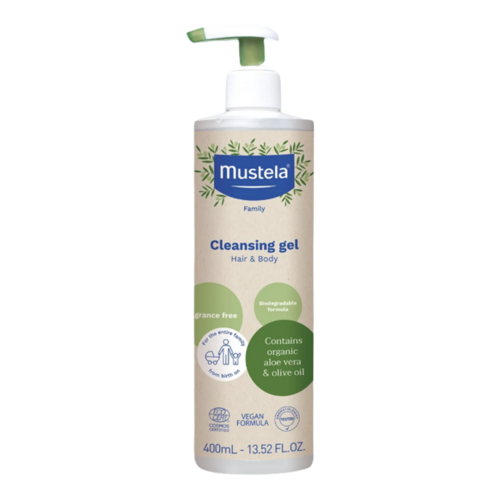 Mustela Organic Cleansing Gel with Olive Oil and Aloe on white background