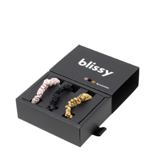 Blissy Skinny Scrunchies - Black-Gold-Pink on white background