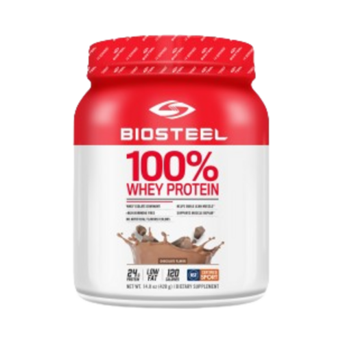 BioSteel 100% Whey Protein Chocolate, 420g/14.82 oz BioSteel 100% Whey Protein Chocolate on white background