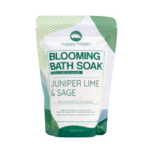 Happy Hippo Blooming Bath Soak Juniper Lime and Sage, 200g/7.05 oz Happy Hippo Blooming Bath Soak Juniper Lime and Sage on white background