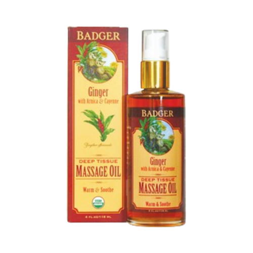 Badger Balms Ginger Deep Tissue Massage Oil, 118ml/3.99 fl oz Badger Balms Ginger Deep Tissue Massage Oil on white background