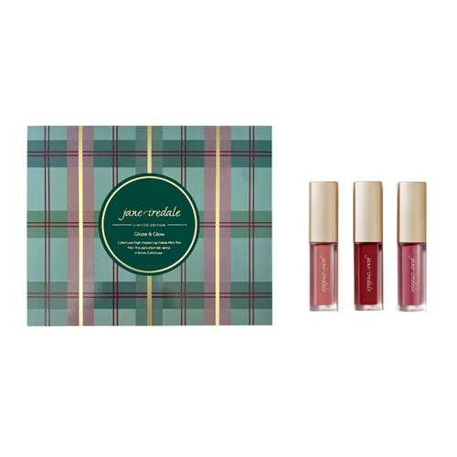 jane iredale Glaze and Glow Colorluxe High Impact Lip Glaze Mini Trio on white background