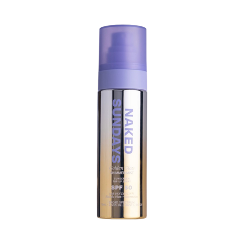 Naked Sundays Golden Glow Glitter Sunscreen Spray SPF50 on white background
