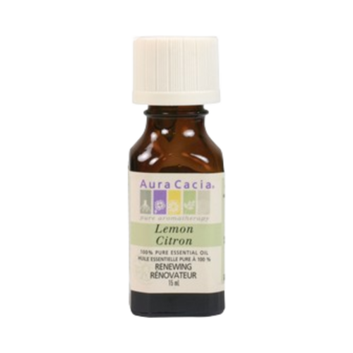 Aura Cacia Lemon Oil on white background