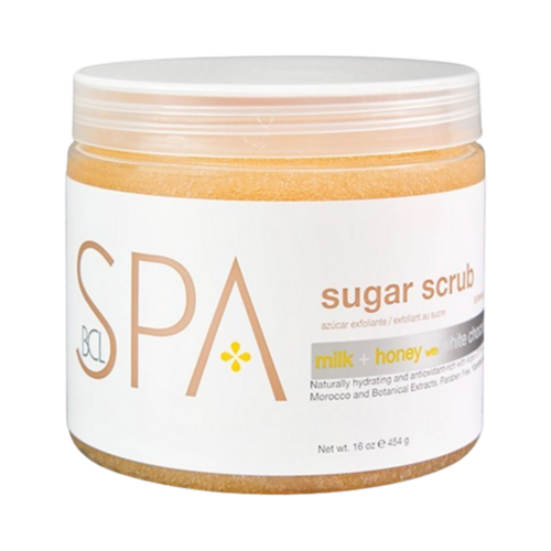 BCL Spa Milk and Honey White Chocolate Sugar Scrub on white background