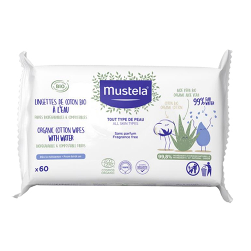 Mustela Organic Cotton Wipes with Water on white background