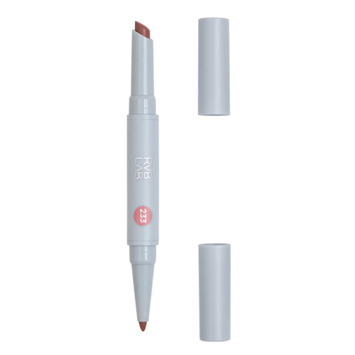 RVB Lab Soulmate Lip Duo: Pencil and Shiny Radiant Pencil Duo #233 Dusty Pink Nude and Mauve on white background