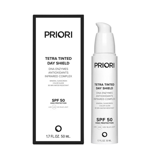 Priori Tetra Day Shield Tinted SPF 50 on white background